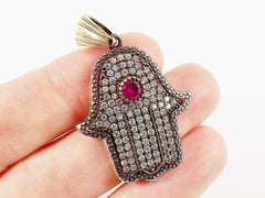 Hamsa Hand of Fatima PendantRed Blue Clear Crystal Accents - Sterling Silver Antique Bronze - 1PC