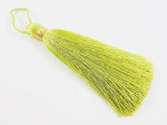 Extra Large Thick Soft Green Chartreuse Thread Tassels - Gold Metallic Band - 4.4 inches - 113mm - 1 pc
