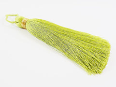 Extra Large Thick Soft Green Chartreuse Thread Tassels - Gold Metallic Band - 4.4 inches - 113mm - 1 pc