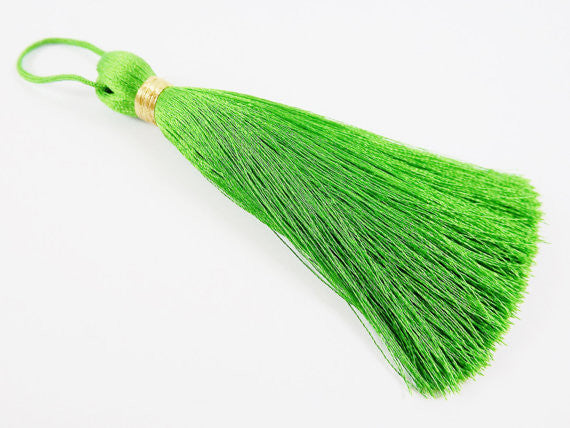 Extra Large Thick Forest Green Thread Tassels - Gold Metallic Band - 4.4 inches - 113mm - 1 pc