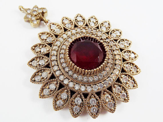 Large Round Flower Shaped Red & Clear Rhinestone Crystal Pendant - Antique Bronze - 1PC