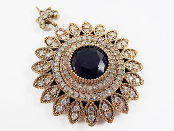 Large Round Flower Shaped Navy Blue & Clear Rhinestone Crystal Pendant - Antique Bronze - 1PC