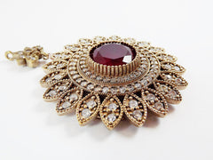 Large Round Flower Shaped Red & Clear Rhinestone Crystal Pendant - Antique Bronze - 1PC
