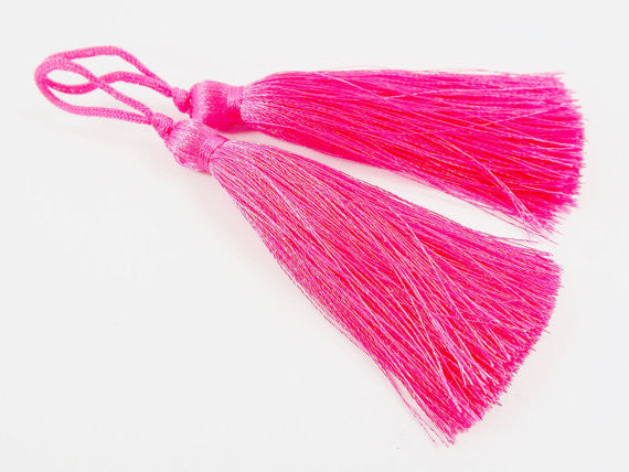Long Bright Candy Pink Silk Thread Tassels - 3 inches - 77mm - 2 pc