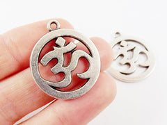 2 Large OM Symbol Charms - Matte Antique Silver Plated Brass - Yoga Aum