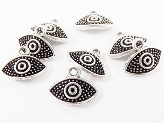 8 Curved Elipse Evil Eye Charms - Matte Antique Silver Plated Brass