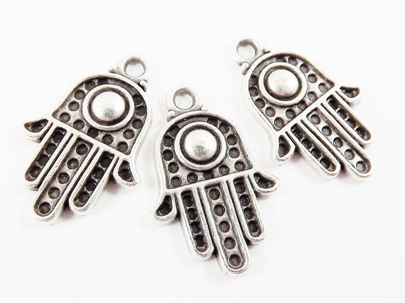 3 Medium Hand of Fatima Hamsa Charms with Dome - Matte Silver Plated