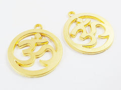 2 Large OM Symbol Charms - 22k Matte Gold Plated Brass - Yoga Aum