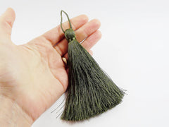 Extra Large Thick Deep Olive Green Silk Thread Tassels - 4.4 inches - 113mm - 1 pc