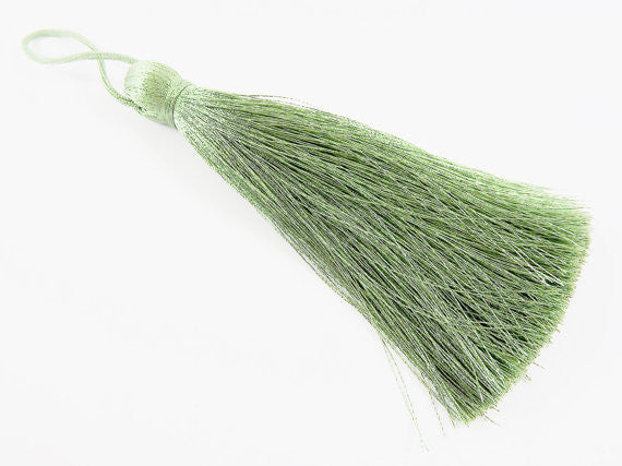 Extra Large Thick Light Olive Green Silk Thread Tassels - 4.4 inches - 113mm - 1 pc