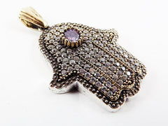 Hamsa Hand of Fatima Pendant Lilac Purple Clear Crystal Accents - Sterling Silver Antique Bronze - 1PC
