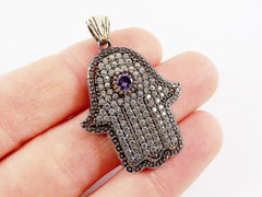 Hamsa Hand of Fatima Pendant Lilac Purple Clear Crystal Accents - Sterling Silver Antique Bronze - 1PC