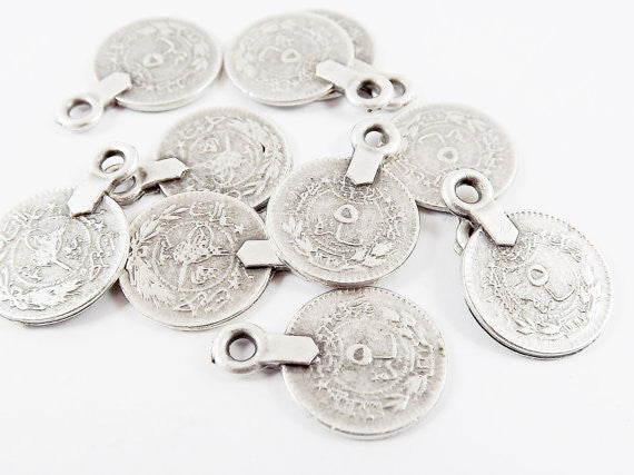 10 NEW Large Rustic Round Coin Charms - Style 2 - Matte Antique Silver Plated