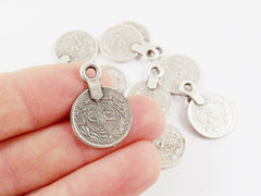 10 NEW Large Rustic Round Coin Charms - Style 2 - Matte Antique Silver Plated