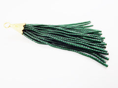 Deep Transparent Green Afghan Tibetan Heishi Tube Beaded Tassel - Handmade - Textured 22k Matte Gold Plated Cap - 92mm = 3.62inches -1PC