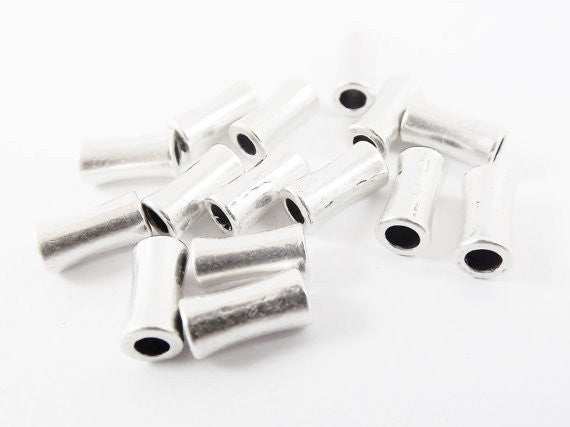 15 Chunky Slightly Cinched Tube Beads - Matte Silver Plated Brass