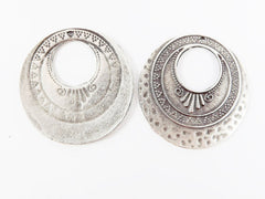 2 Large Round Art Deco Circle Style Pendants - Matte Antique Silver Plated