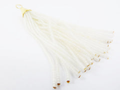 Transparent Frosted Clear White Afghan Tibetan Heishi Tube Beaded Tassel Handmade Textured 22k Matte Gold Plated Cap - 92mm = 3.62inches 1PC
