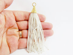 Transparent Frosted Clear White Afghan Tibetan Heishi Tube Beaded Tassel Handmade Textured 22k Matte Gold Plated Cap - 92mm = 3.62inches 1PC