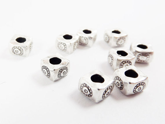 10 Chunky Square Flower Stamped Beads - Matte Antique Silver Plated Brass