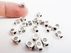 20 Chunky Rectangle Flower Stamped Beads - Matte Antique Silver Plated Brass