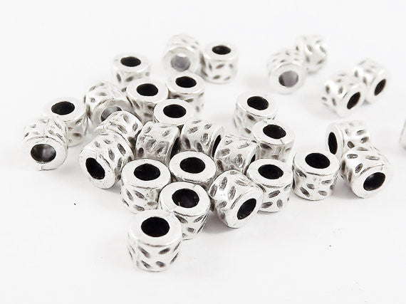30 Hammered Barrel Beads Spacers - Matte Antique Silver Plated