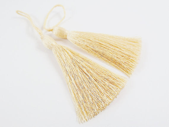 Long Warm Cream Silk Thread Tassels - 3 inches - 77mm - 2 pc