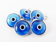 5 Translucent Cyan Blue Evil Eye Nazar Artisan Glass Bead Charms - Silver Plated Brass Bezel