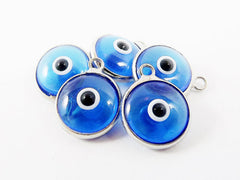 5 Translucent Cyan Blue Evil Eye Nazar Artisan Glass Bead Charms - Silver Plated Brass Bezel