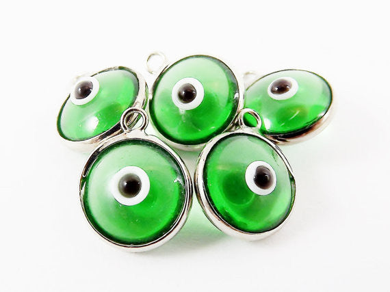 5 Translucent Emerald Green Evil Eye Nazar Artisan Glass Bead Charms - Silver Plated Brass Bezel
