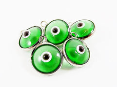 5 Translucent Emerald Green Evil Eye Nazar Artisan Glass Bead Charms - Silver Plated Brass Bezel