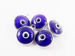 5 Translucent Navy Blue Evil Eye Nazar Artisan Glass Bead Charms - Silver Plated Brass Bezel
