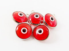 5 Translucent Poppy Red Evil Eye Nazar Artisan Glass Bead Charms - Silver Plated Brass Bezel