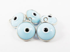 5 Opaque Light Blue Evil Eye Nazar Artisan Glass Bead Charms - Silver Plated Brass Bezel