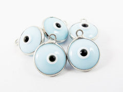 5 Opaque Light Blue Evil Eye Nazar Artisan Glass Bead Charms - Silver Plated Brass Bezel