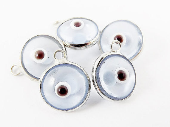 5 Translucent Light Blue Evil Eye Nazar Artisan Glass Bead Charms - Silver Plated Brass Bezel