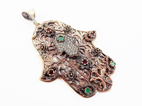 Large Floral Hamsa Hand of Fatima Pendant Red Green Crystal Accents - Antique Bronze Plated - 1PC - No:1