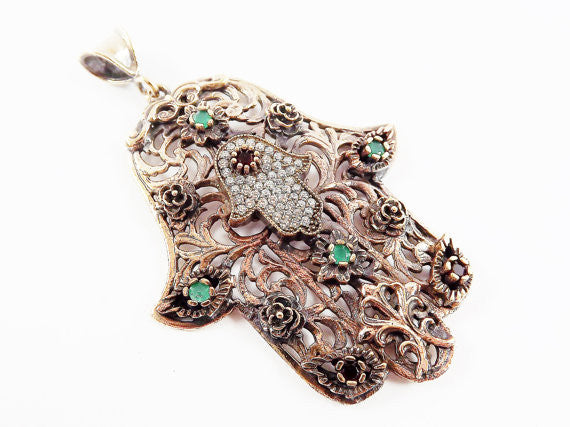 Large Floral Hamsa Hand of Fatima Pendant Red Green Crystal Accents - Antique Bronze Plated - 1PC - No:2