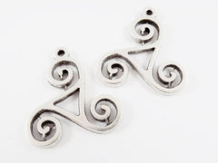 2 Swirl Scroll Motif Pendant Charms - Matte Antique Silver Plated