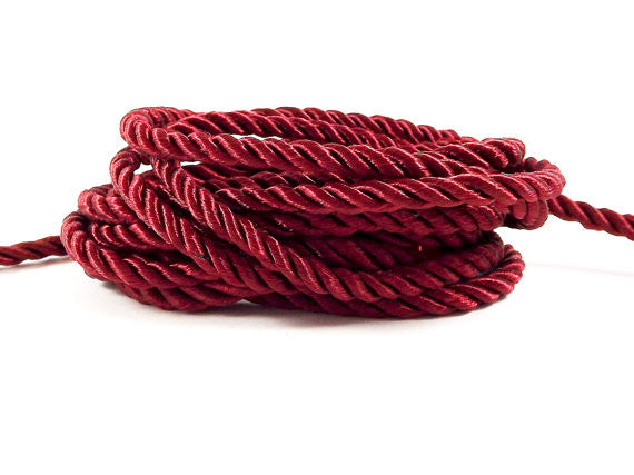 3.5mm Burgundy Twisted Rayon Satin Rope Silk Braid Cord - 3 Ply Twist - 1 meters - 1.09 Yards - No:17