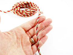 3.5mm Red White Metallic Gold Twisted Rayon Satin Rope Silk Braid Cord - 3 Ply Twist - 1 meters - 1.09 Yards - No:17
