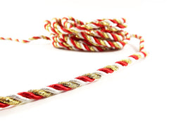 3.5mm Red White Metallic Gold Twisted Rayon Satin Rope Silk Braid Cord - 3 Ply Twist - 1 meters - 1.09 Yards - No:17