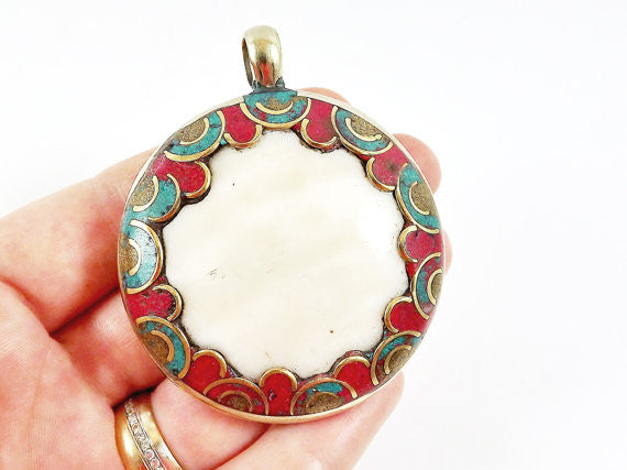 Large Round Conch Shell Tribal Pendant Red Coral and Turquoise Inlay - Nepalese Handmade Brass