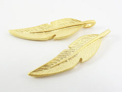 2 Cast Feather Pendants - 22k Matte Gold Plated