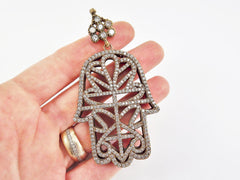 Large Hamsa Hand of Fatima Pendant Clear Crystal Accents - Type 2 - Sterling Silver Antique Bronze - 1PC