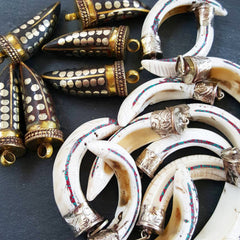 Conch Shell Tusk Tribal Pendant - Nepalese Handmade - Antique Brass
