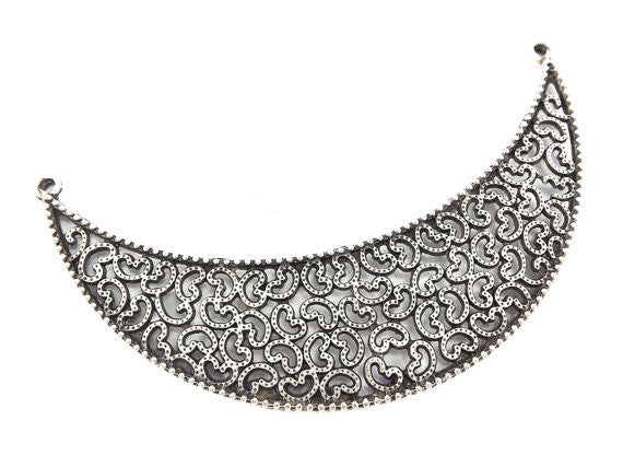 Large Crescent Filigree Necklace Focal Collar Pendant Connector - Matte Antique Silver Plated - 1PC