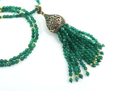 Ethnic Turkish Gemstone Tassel Necklace - Emerald Green Facet Jade