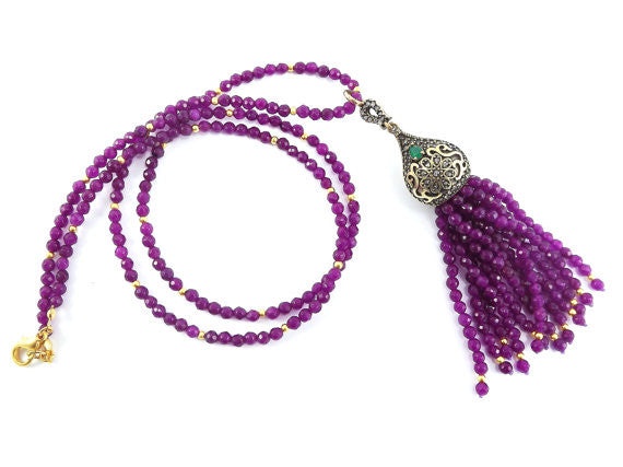 Ethnic Turkish Gemstone Tassel Necklace - Violet Purple Facet Jade