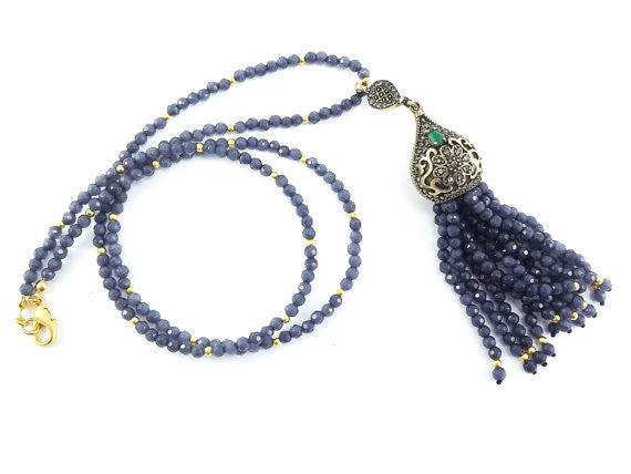 Ethnic Turkish Gemstone Tassel Necklace - Smoky Denim Blue Facet Jade